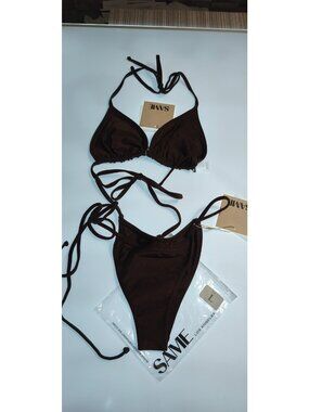 SAME Los Angeles Mocha Brown Bikini Set L NWT Triangle Tie Side High Leg